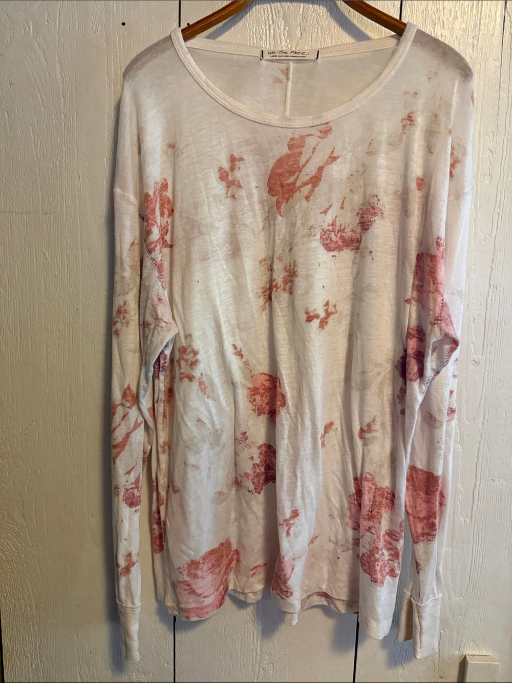 We The Free White Long-Sleeve Scoop Neck Tee with Pink Floral Wash